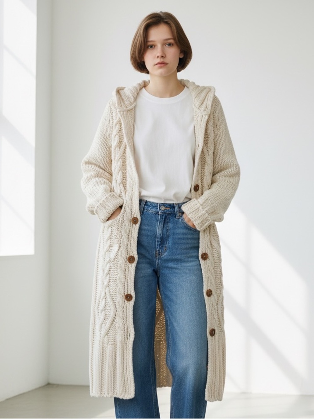 Zara Cream Wool Blend Cable-Knit Hooded Long Cardigan Made in Italy